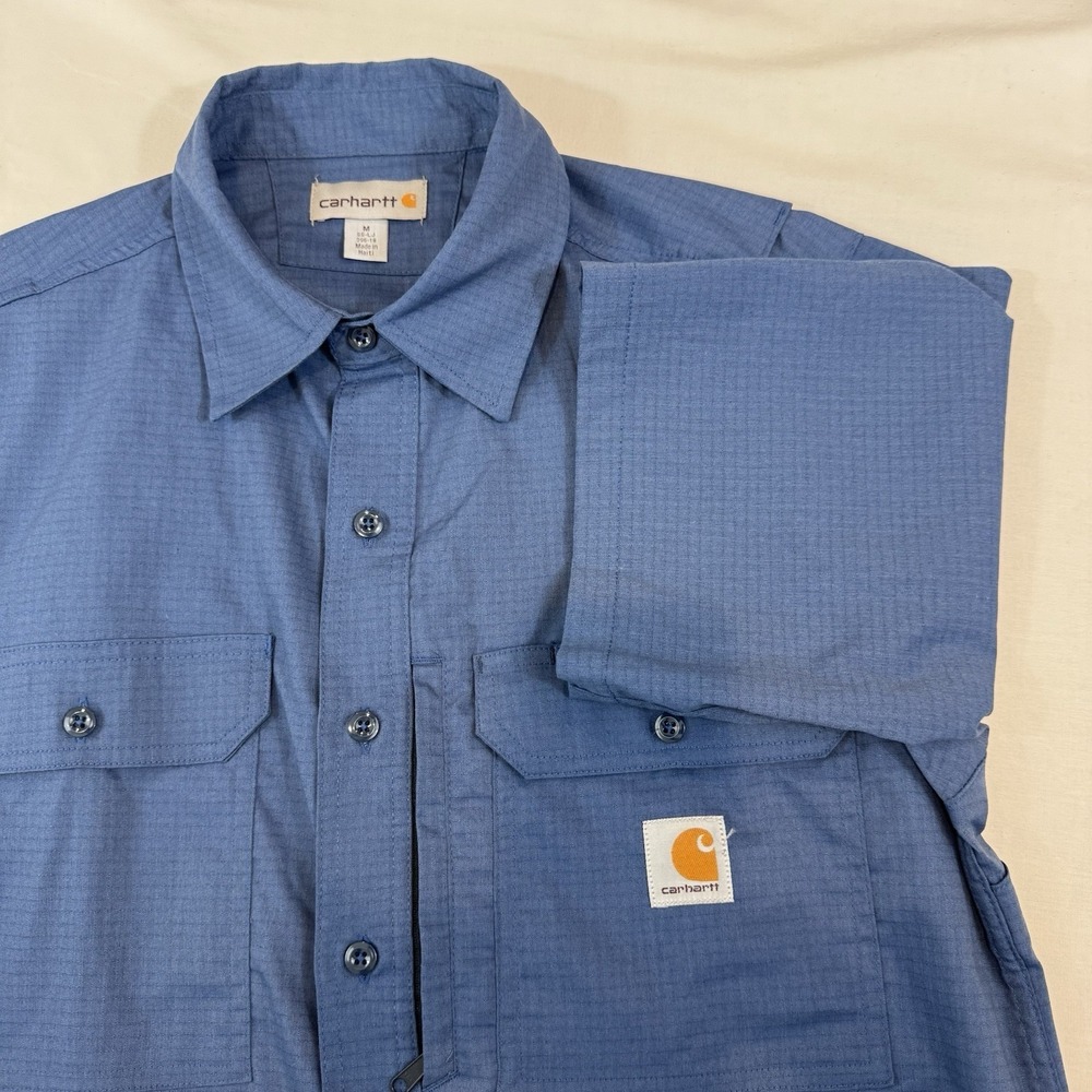 Carhartt short sleeve button down shirt medium blue zipper pocket